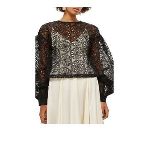 TOPSHOP Ruched Sleeve Organza Cutwork Top US2 UK6